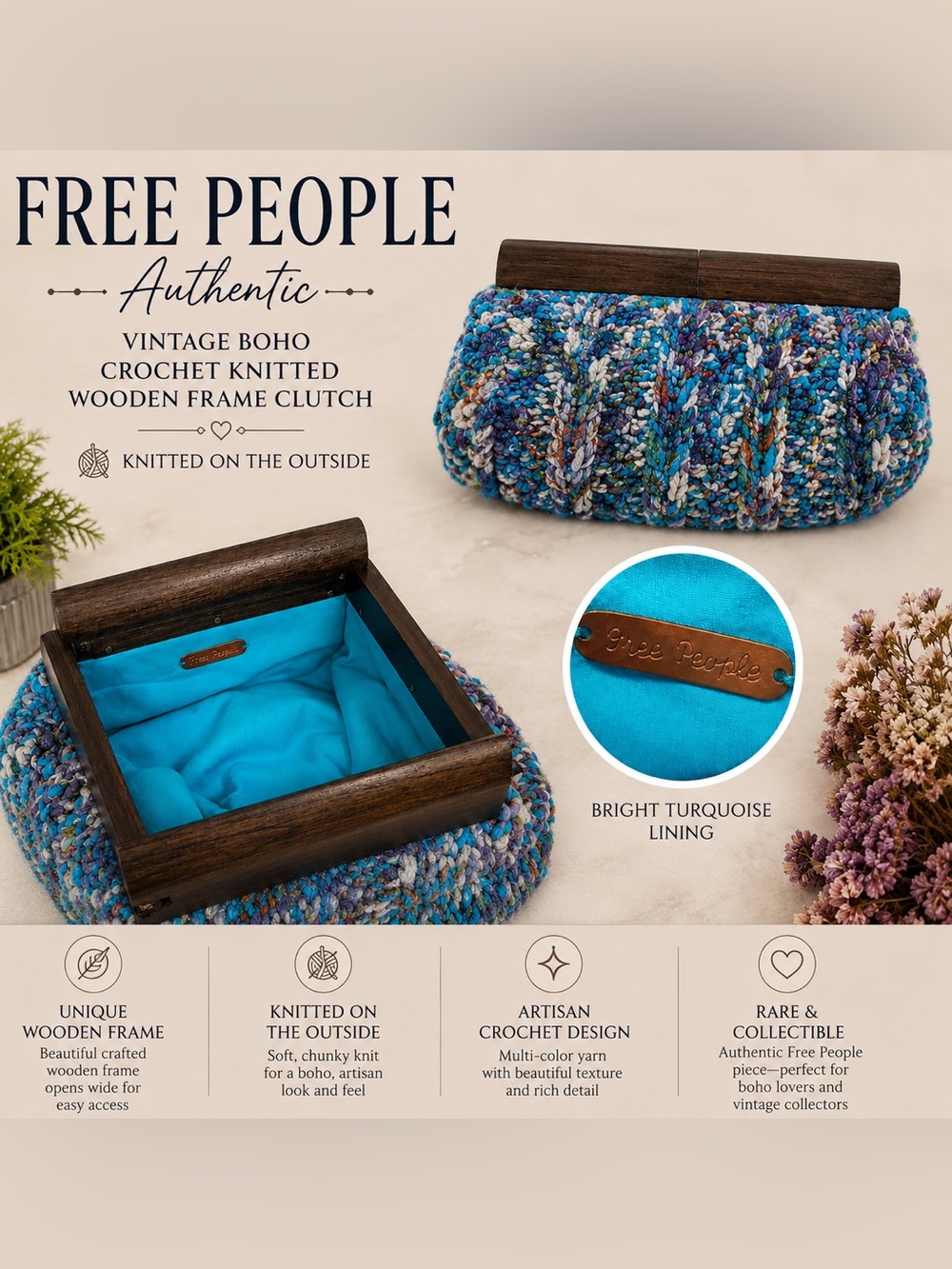 Rare Free People Boho Crochet Knit Wooden Frame Clutch Artisan Bag Vintage Style